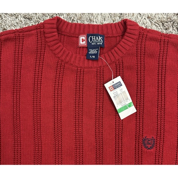 Chaps Crew Neck Sweater Fisherman Knit Heavy Cotton Red Mens Large New - Picture 1 of 7